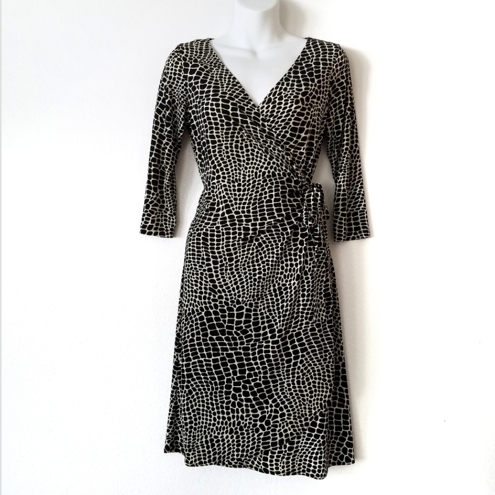 Vintage Maggie L Animal Print Wrap Dress Black White